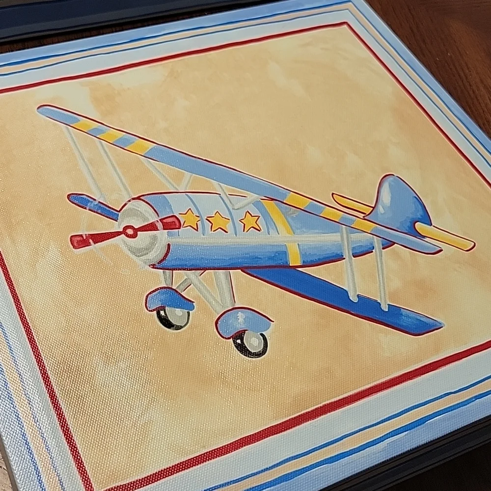 Vintage Airplane Wall Art Pair - Red & Blue Children's Prints